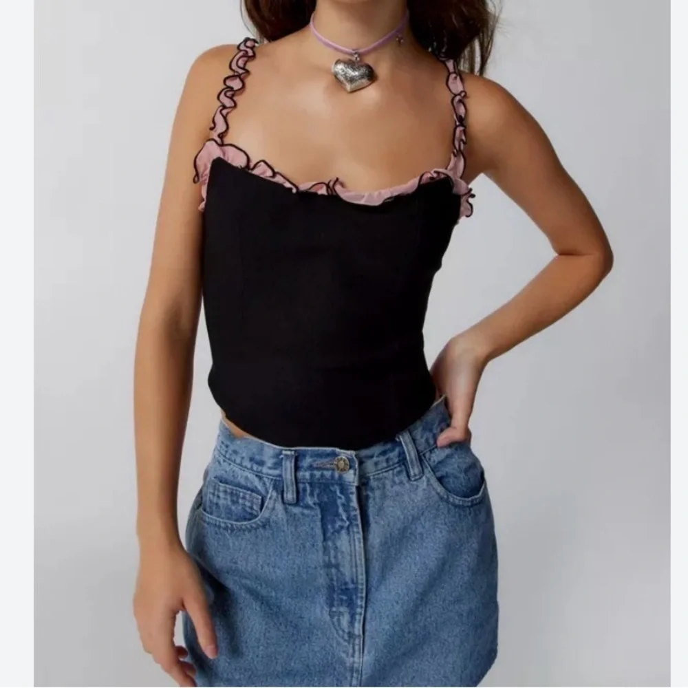 Motel rocks Idalia Corset Top Mesh Black with Pink Ruffles sz small S - Picture 1 of 8